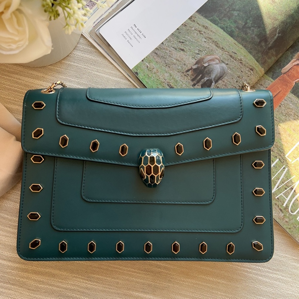 Bvlgari Green Leather Medium Studded Serpenti Forever Flap Shoulder Bag